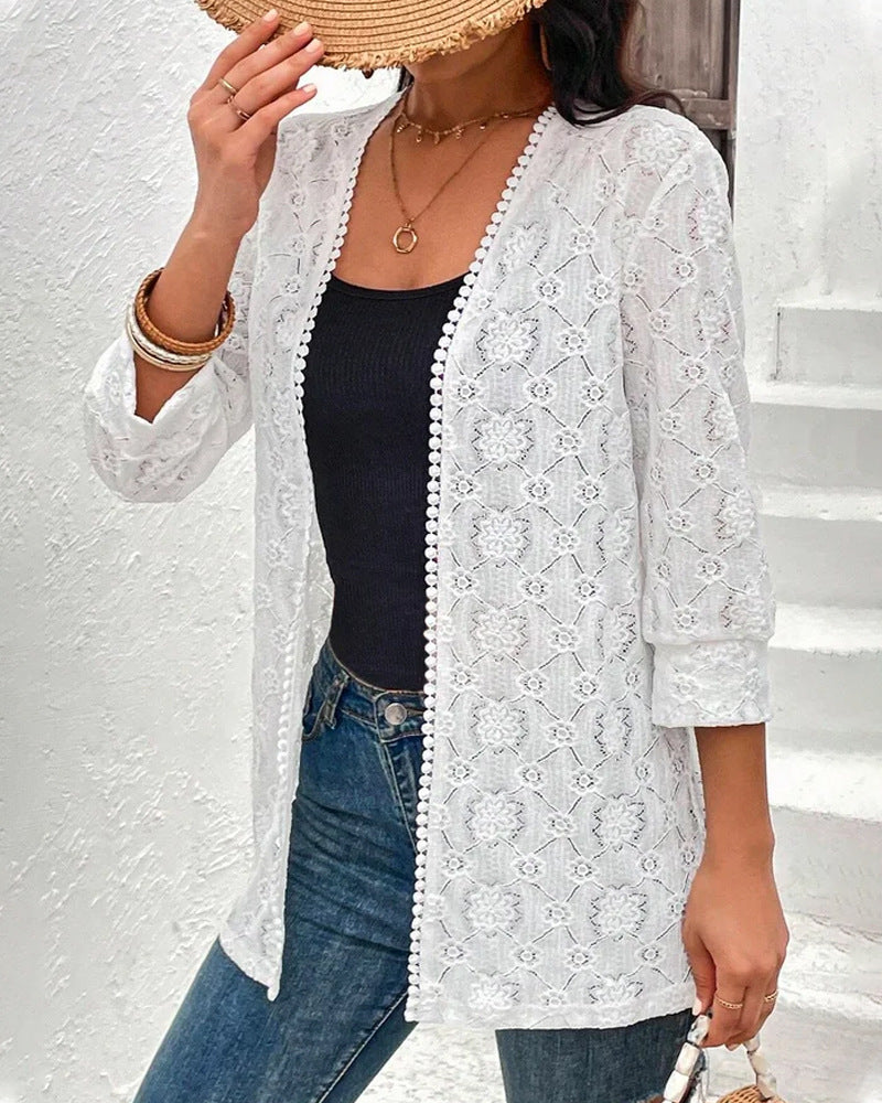 Women's lightweight lace jacket with open cut, three-quarter sleeves and crocheted trim StylebySassy
