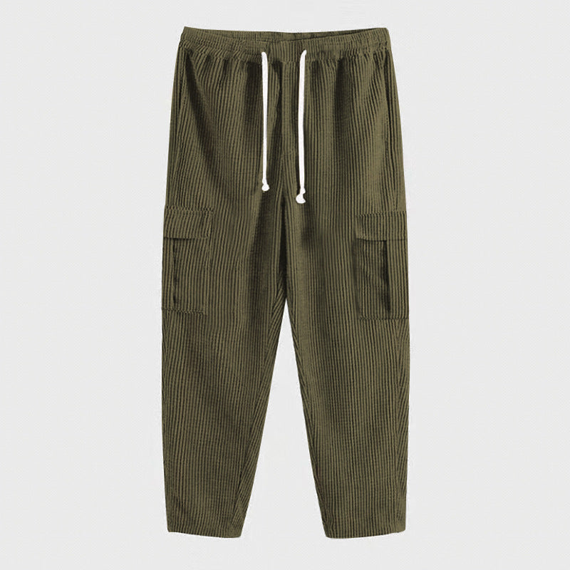 Men's ribbed comfortable cargo pants with elastic drawstring waistband and low-set flap pockets StylebySassy