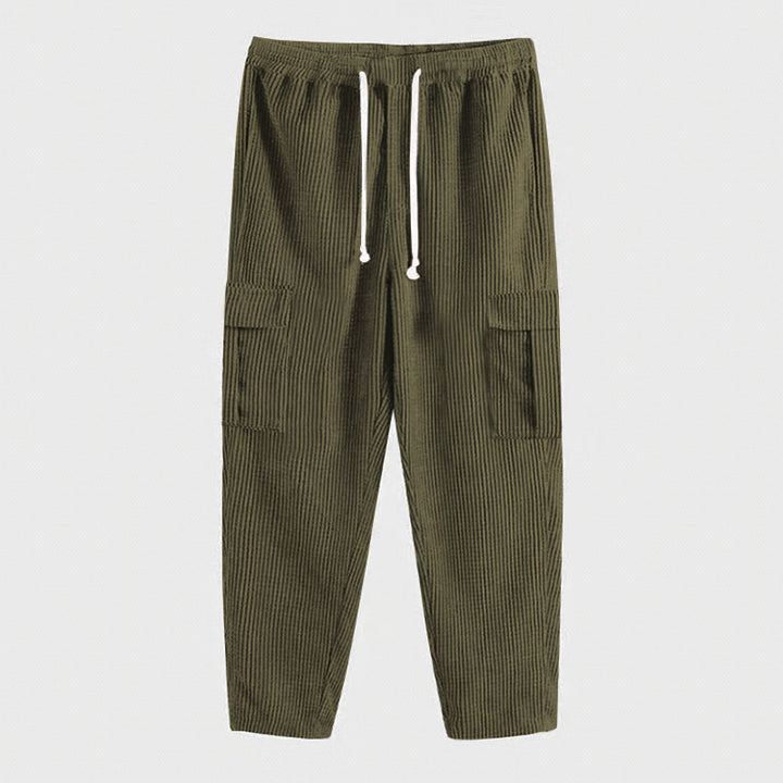 Men's ribbed comfortable cargo pants with elastic drawstring waistband and low-set flap pockets StylebySassy