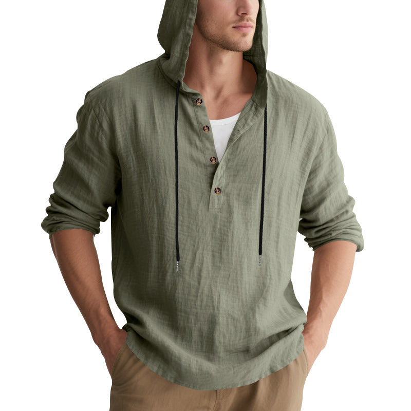 Men's casual linen henley with hood, drawstring and three-button placket StylebySassy