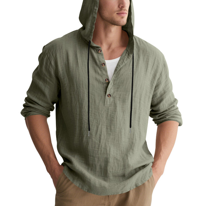 Men's casual linen henley with hood, drawstring and three-button placket StylebySassy