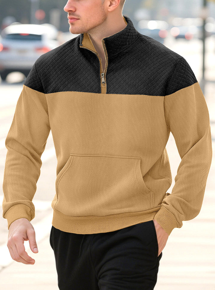 Men's half-zip sweatshirt with quilted shoulder area, kangaroo pocket, and ribbed cuffs StylebySassy