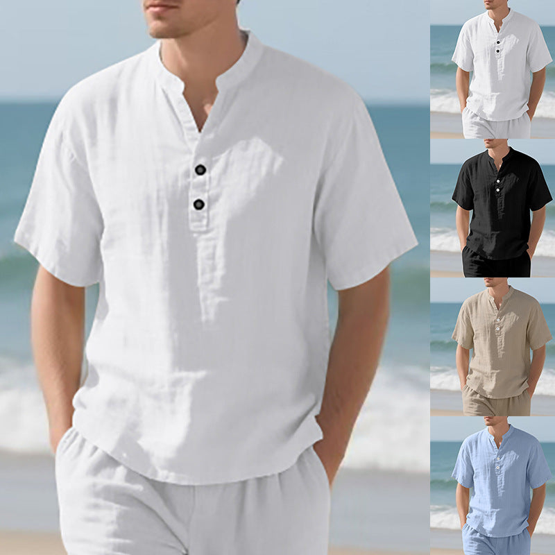 Men's summer Nehru shirt made of linen blend with short button placket StylebySassy
