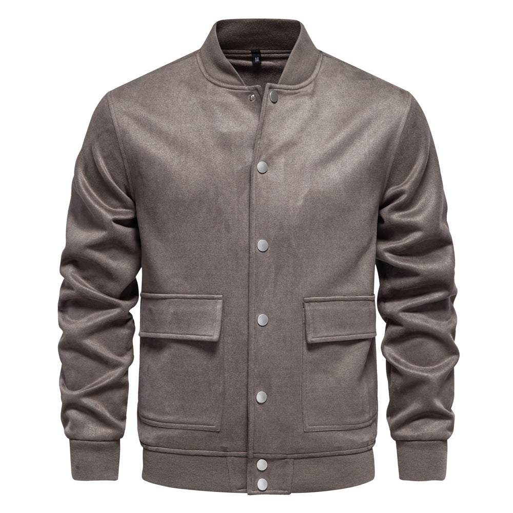 Men's suede-look college jacket with snap button closure, flap pockets and ribbed hem StylebySassy
