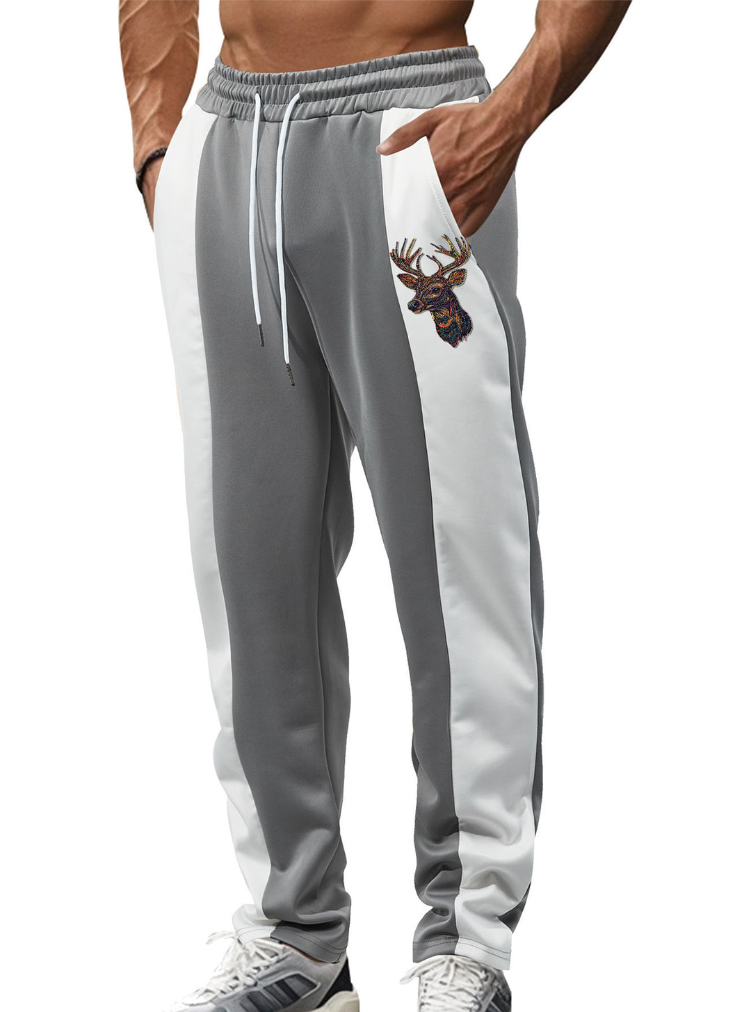 Men's sporty track pants with side contrast stripes, elastic waistband, drawstring, and deer embroidery StylebySassy