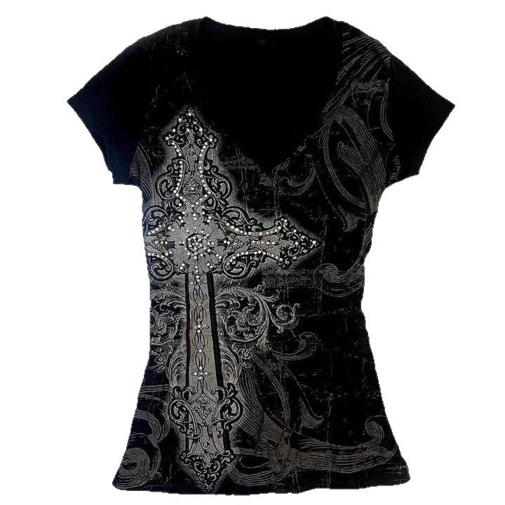 Women's T-shirt with elaborate cross design and rhinestone accents StylebySassy