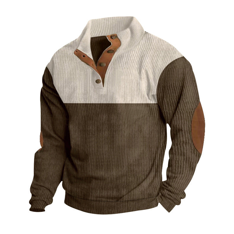 Men's ribbed knit sweater with standing collar, button placket, and leather elbow patches StylebySassy