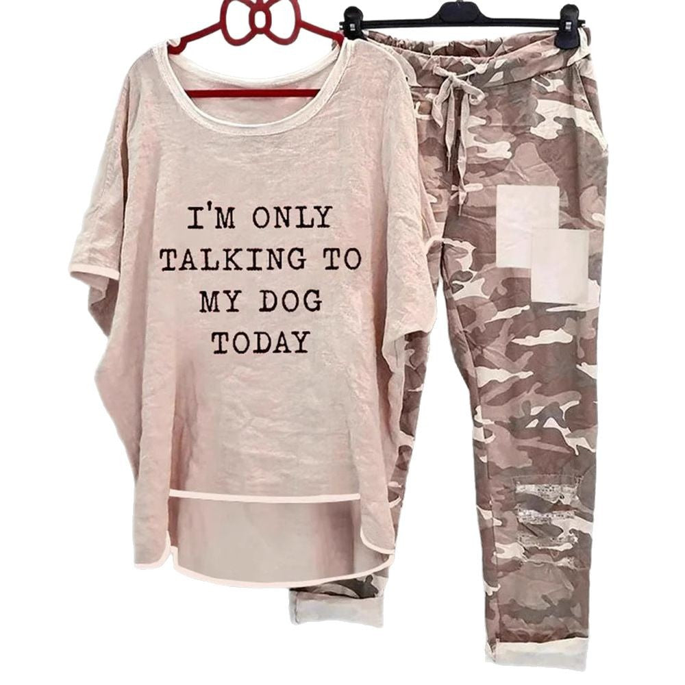 Women casual wide set with slogan print, loosely cut long shirt and camouflage joggers StylebySassy