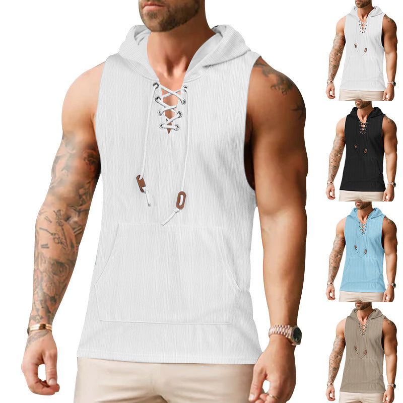 Men sleeveless hoodie sweatshirt with laced collar and kangaroo pocket StylebySassy