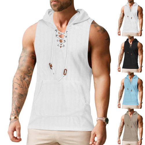 Men sleeveless hoodie sweatshirt with laced collar and kangaroo pocket StylebySassy