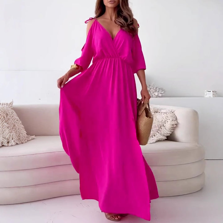 Women nan flowing maxi dress with V drape, off-shoulder strap band, elastic waist yoke and high skirt slit StylebySassy