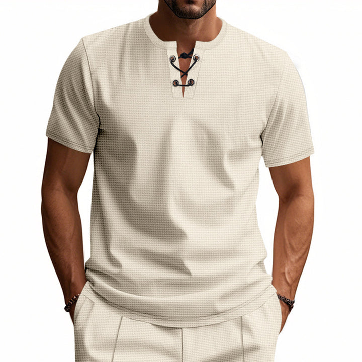 Men's short-sleeve shirt with lacing at the neckline and waffle texture StylebySassy
