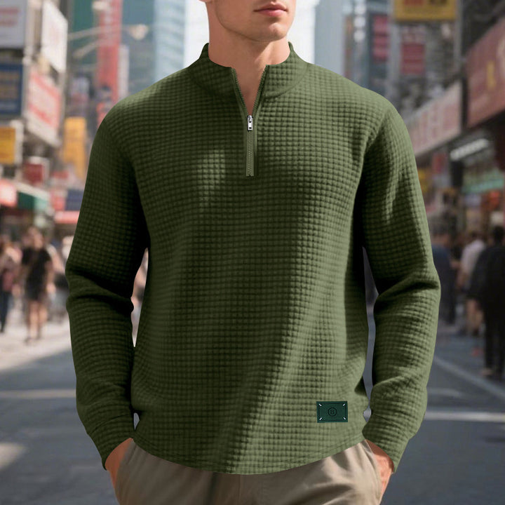 Men's nano lightweight waffle knit pullover with short collar zipper and rounded hem StylebySassy