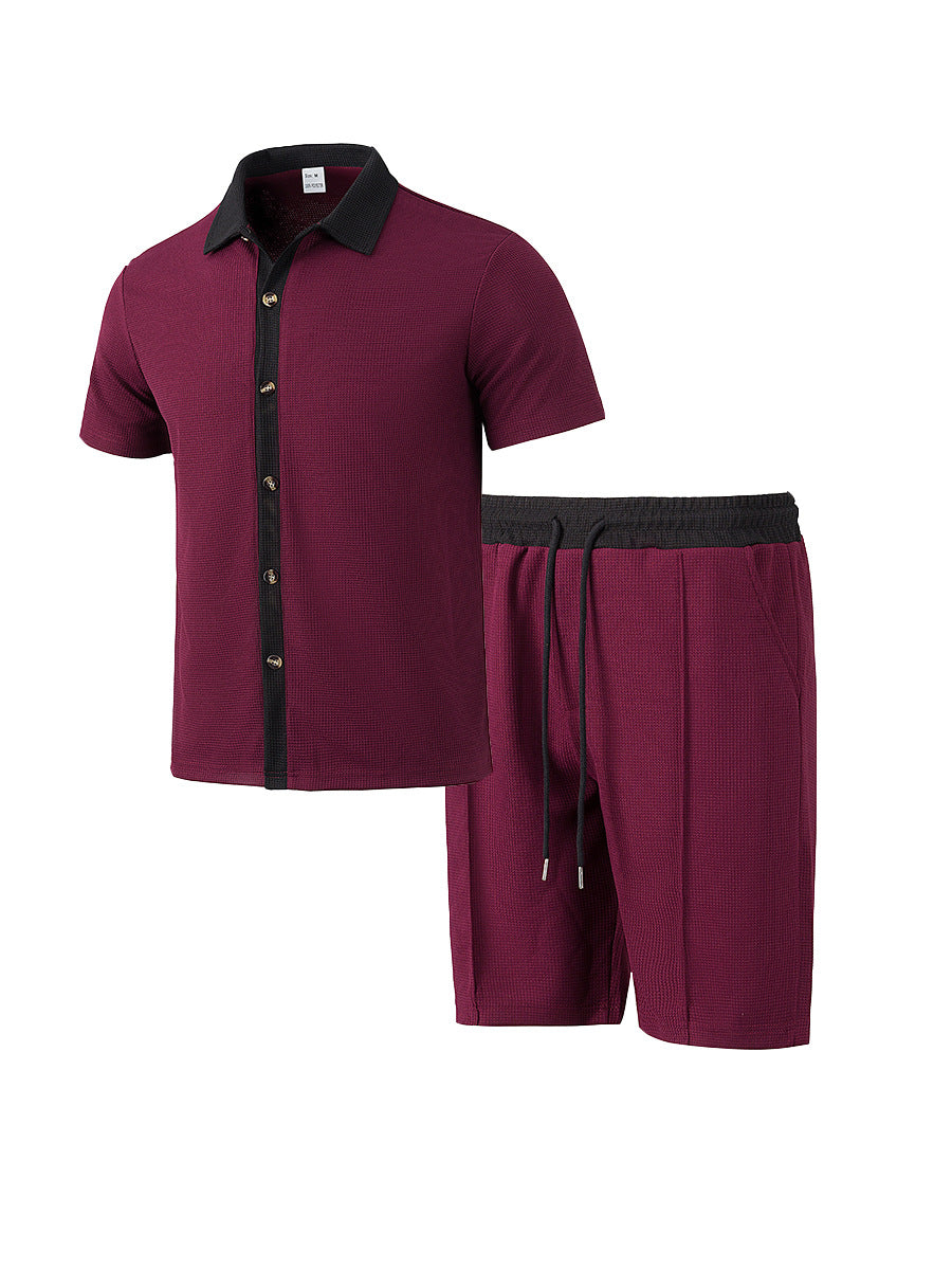 Men's modern leisure set made of fine textured jersey with shirt collar button placket and drawstring shorts StylebySassy