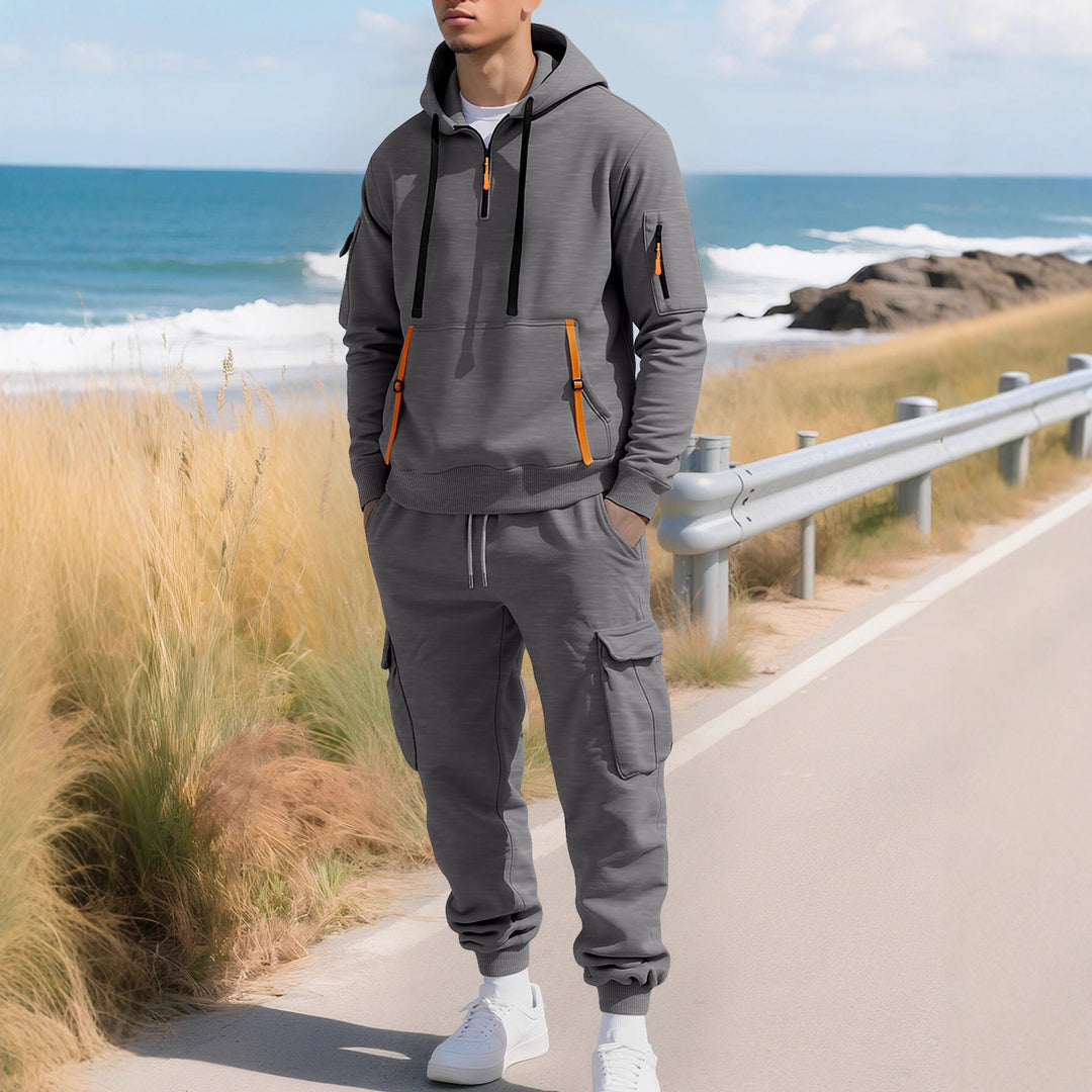 Men's casual half-zip hoodie with kangaroo pocket and cargo jogging pants with zipper details StylebySassy