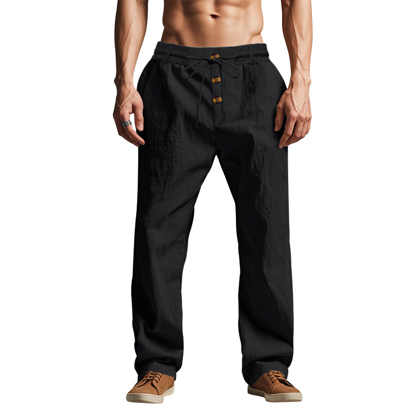 Men's relaxed pants in linen look with decorative button placket and drawstring waistband StylebySassy