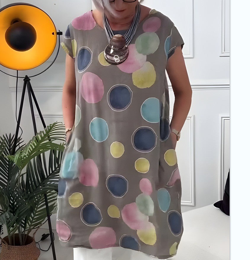 Ladies' airy tunic midi dress made of linen blend with watercolor flower print and side pockets StylebySassy