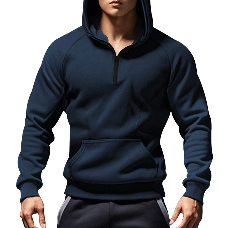 Men's casual hooded sweatshirt with short front zipper, ergonomic raglan cut, and kangaroo pocket StylebySassy