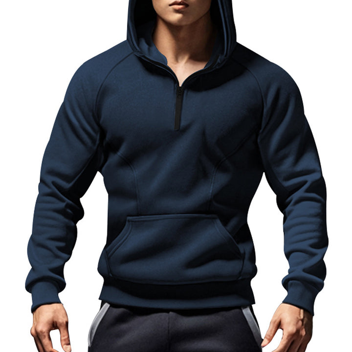 Men's casual hooded sweatshirt with short front zipper, ergonomic raglan cut, and kangaroo pocket StylebySassy