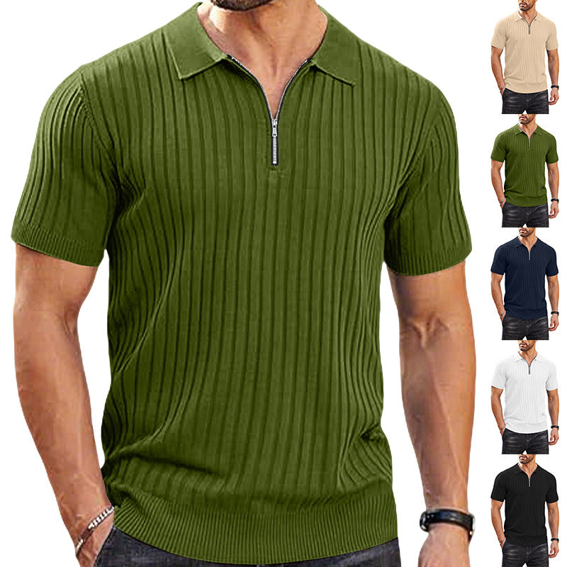 Men's elegant structured short sleeve knit polo with short metal zipper and shirt collar StylebySassy