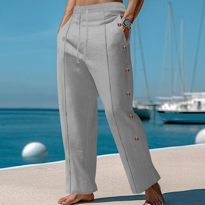 Men's nautical relaxed trousers with wide leg, elastic drawstring waistband and side button placket StylebySassy