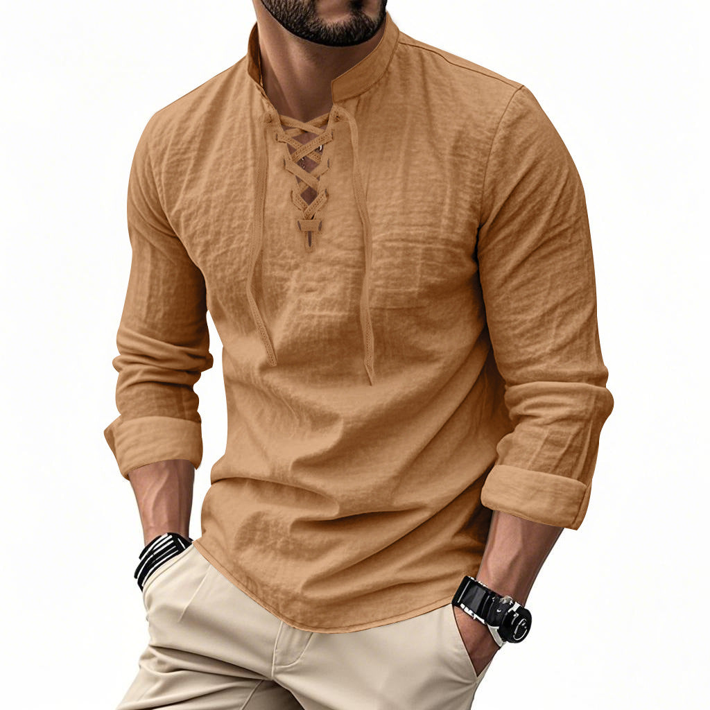 Men's casual sailor-style shirt with stand collar and lace-up front StylebySassy