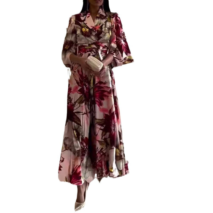 Ladies nan maxi dress with shawl collar, kimono sleeves and waist-defining tie belt StylebySassy