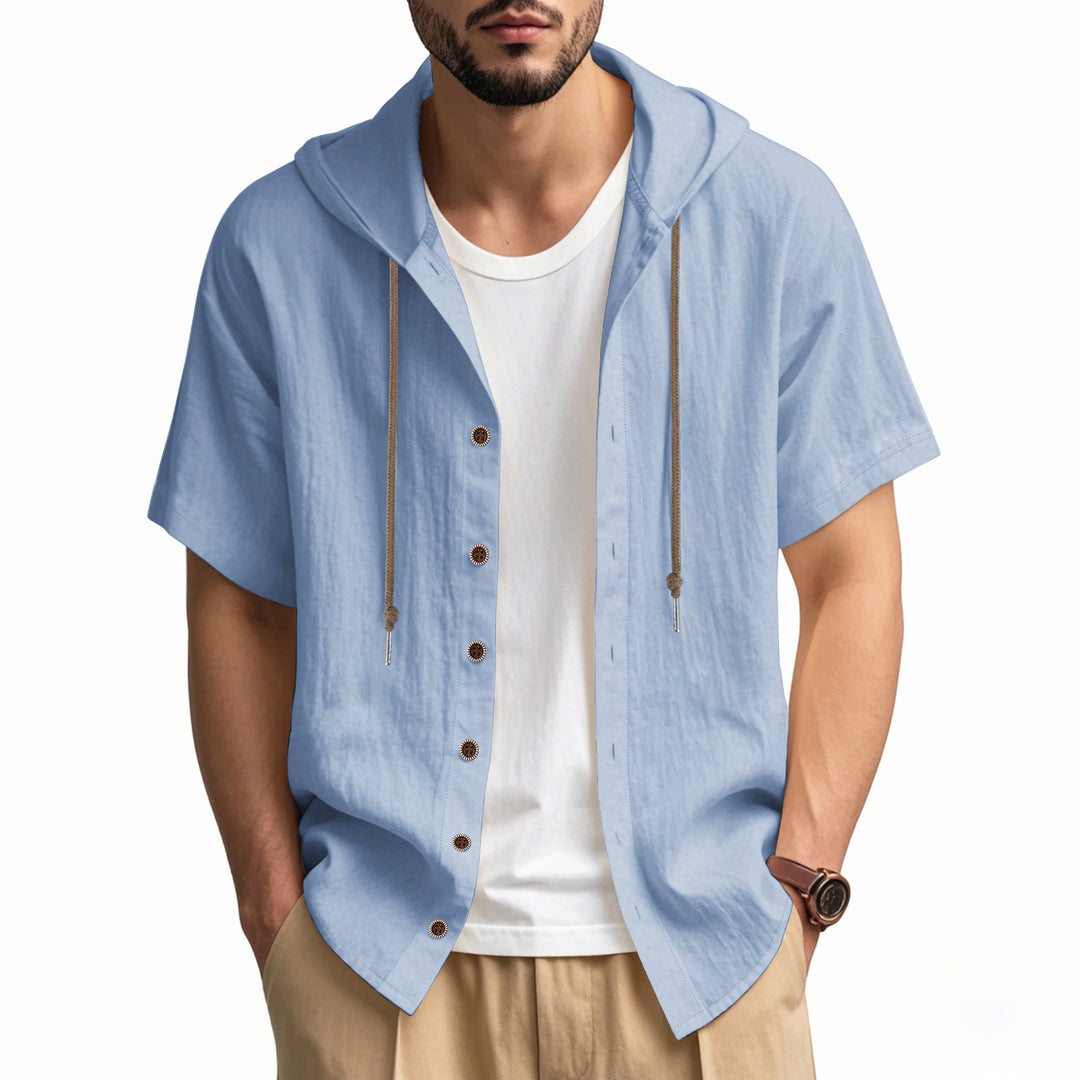 Men's breathable short sleeve hoodie made of linen blend with wooden button placket and drawstring StylebySassy