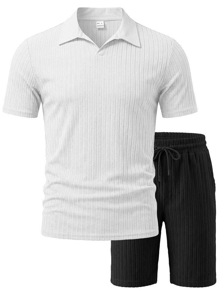 Men's knit lounge ensemble with polo collar V-insert and drawstring bermudas StylebySassy