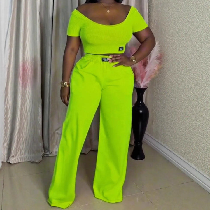 Women's off-the-shoulder ribbed crop top with wide-cut, high-waisted palazzo pants StylebySassy