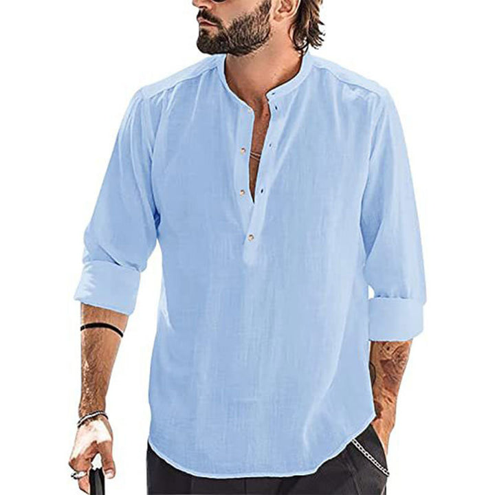 Men's relaxed long sleeve Henley shirt made of breathable linen blend with stand-up collar StylebySassy