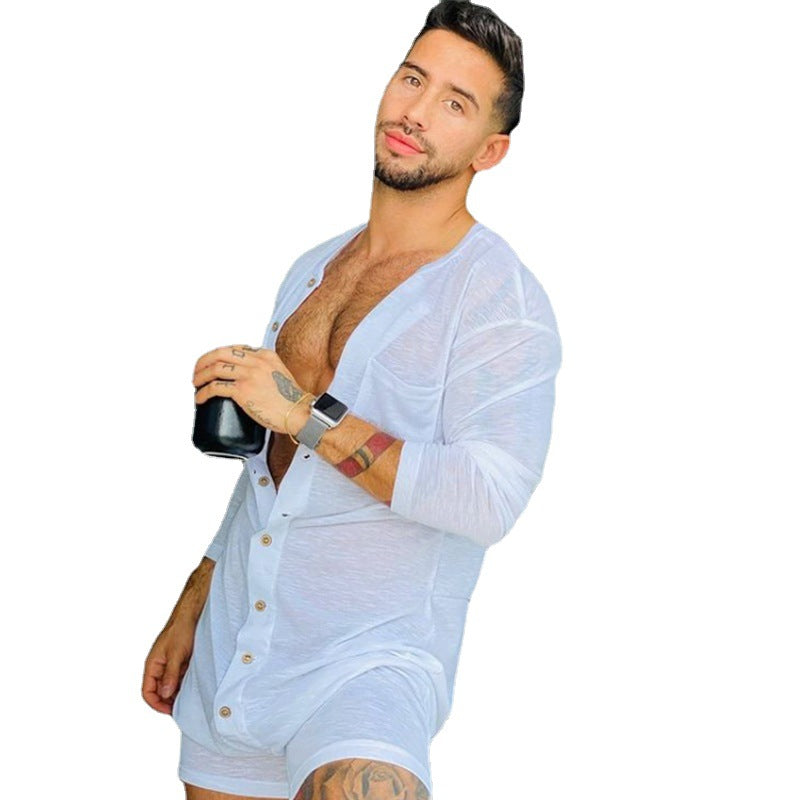 Men's comfortable short overall with round neck, continuous wooden button placket and chest pocket StylebySassy