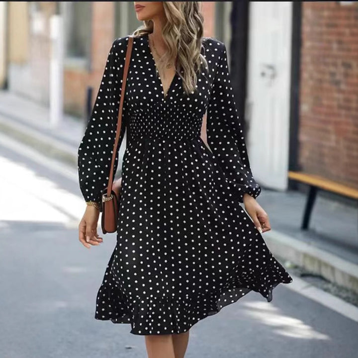 Ladies' dotted A-line midi dress with V-neck, smocked waist and two-tiered ruffle StylebySassy