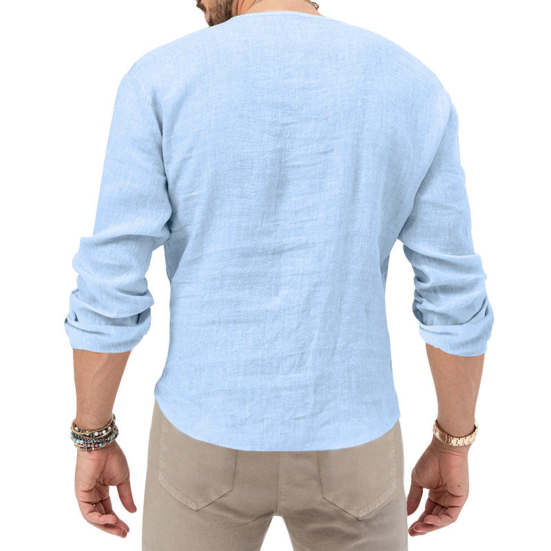 Men's relaxed linen tunic shirt with open slit collar and rounded hem StylebySassy