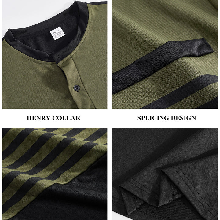 Men's modern long sleeve polo with Henley placket striped chest part and stand-up collar StylebySassy