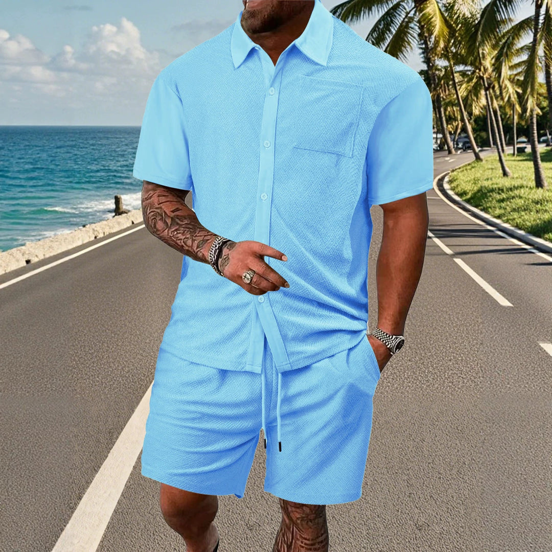 Men's buttoned leisure set with shirt collar herringbone structure chest pocket and drawstring shorts StylebySassy
