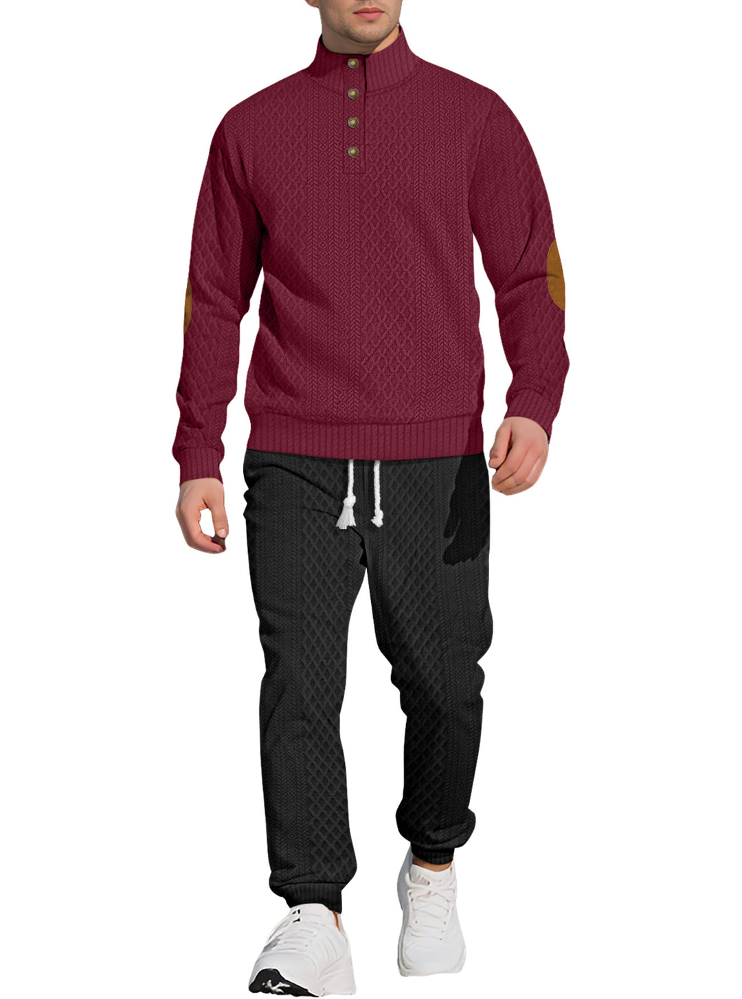 Men's patterned knit leisure set with half-button stand collar suede elbow patches and drawstring joggers StylebySassy