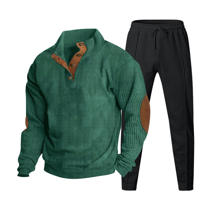 Men's ribbed Henley leisure suit with decorative button placket and suede elbow patches tapered joggers StylebySassy