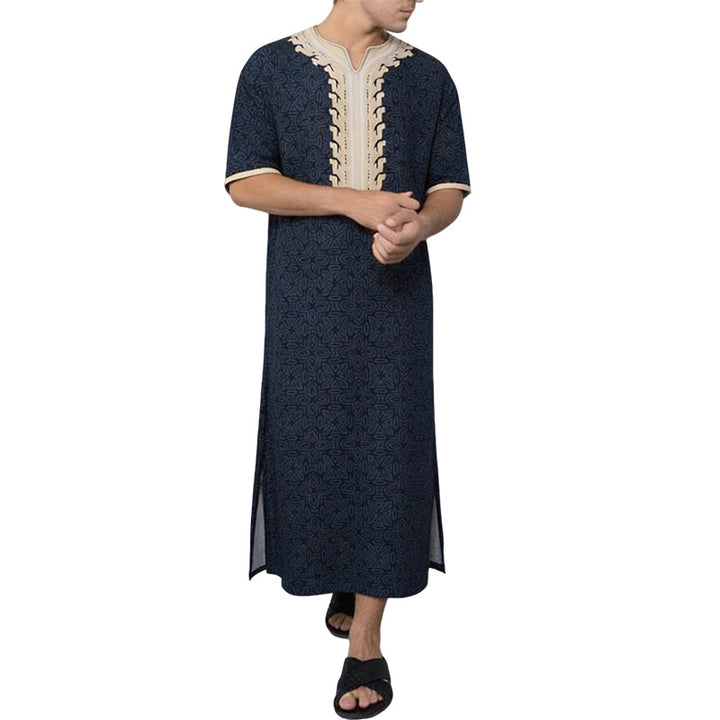 Men's striped Djellaba with decorative chest embroidery and side slit StylebySassy