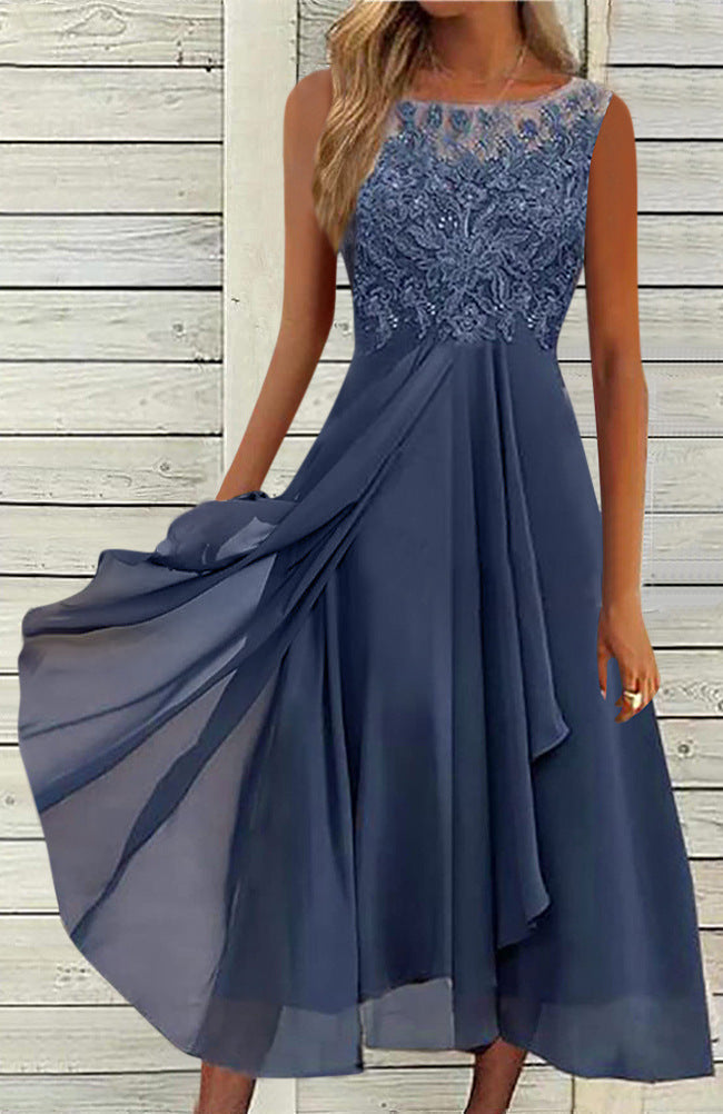 Women's sleeveless chiffon midi dress with embroidered illusion lace, boat neckline, and multilayer flared skirt StylebySassy