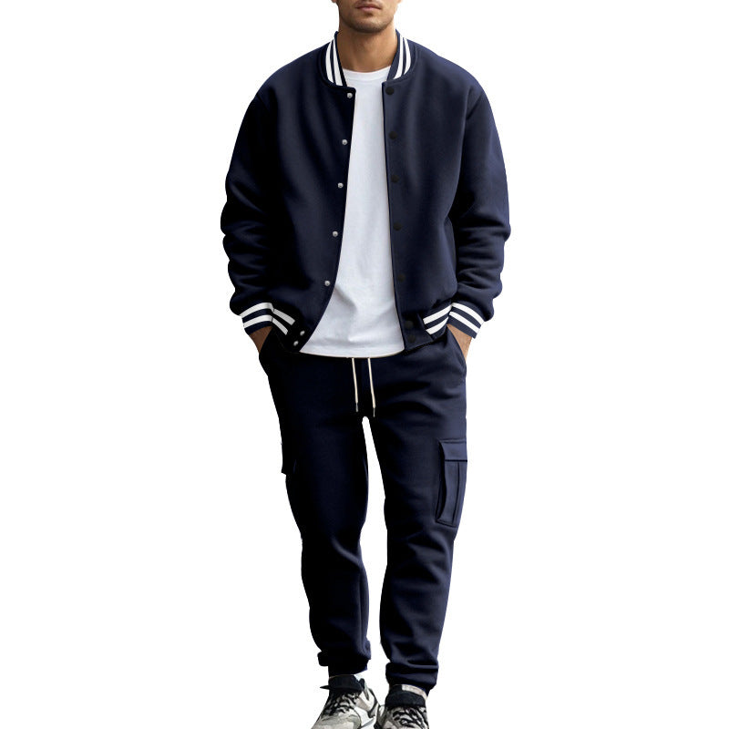 Men's sporty college two-piece made of heavy sweat with ribbed cuffs, snap-button bomber jacket and cargo jogger StylebySassy