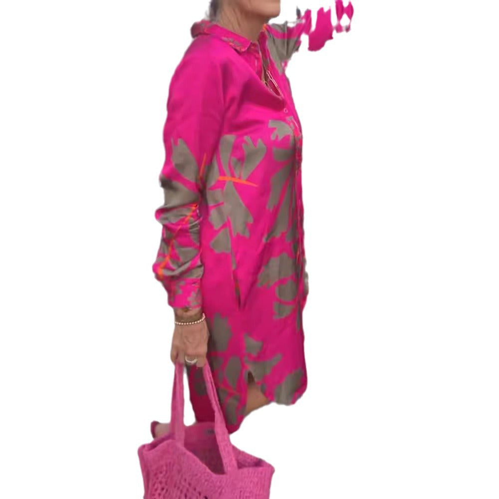 Ladies knee-length shirt dress with continuous button placket, Kent collar, cuffs, and loose A-line silhouette StylebySassy