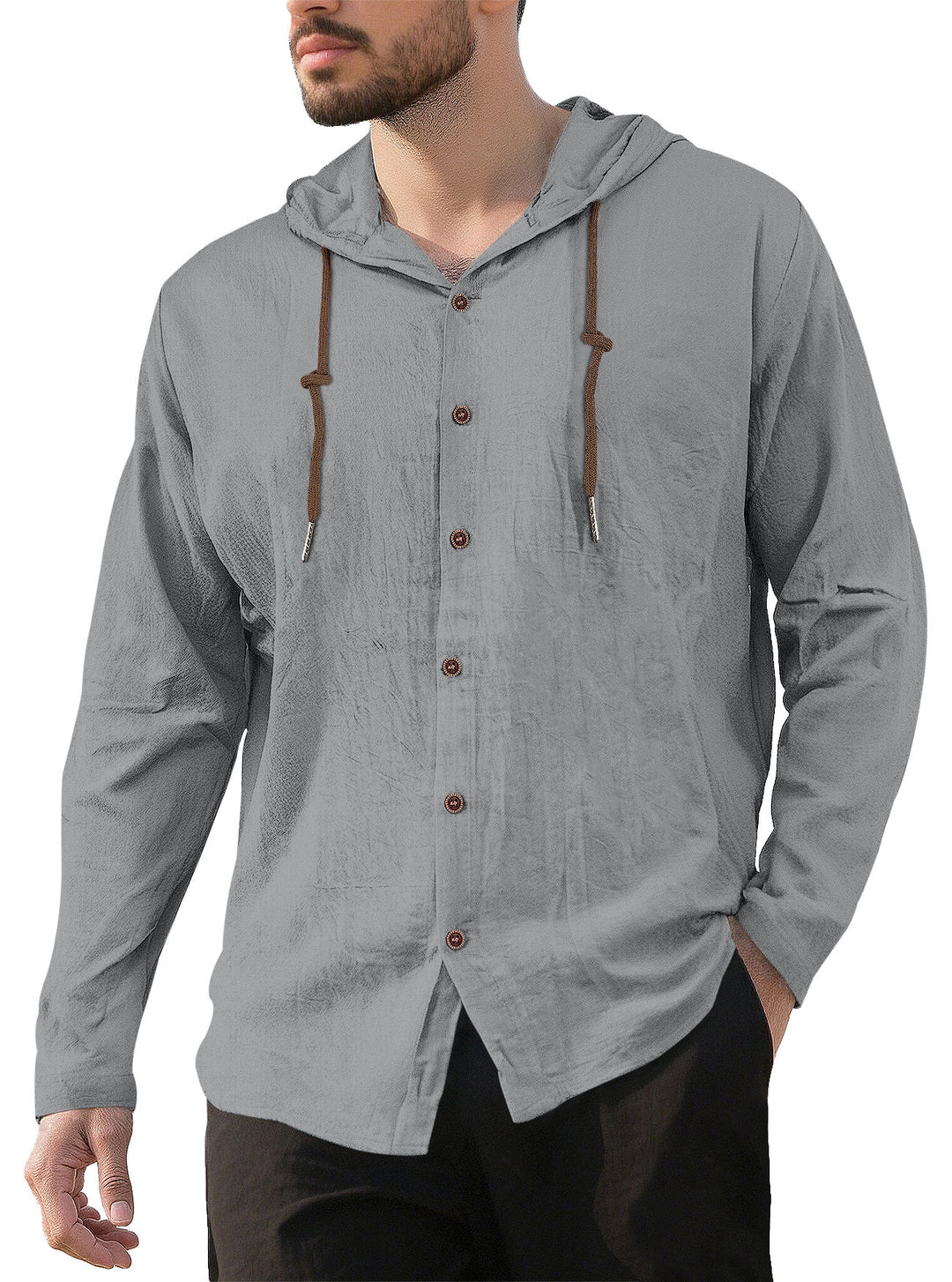 Men's textured linen blend hooded shirt with button placket, wood buttons, and side slits StylebySassy