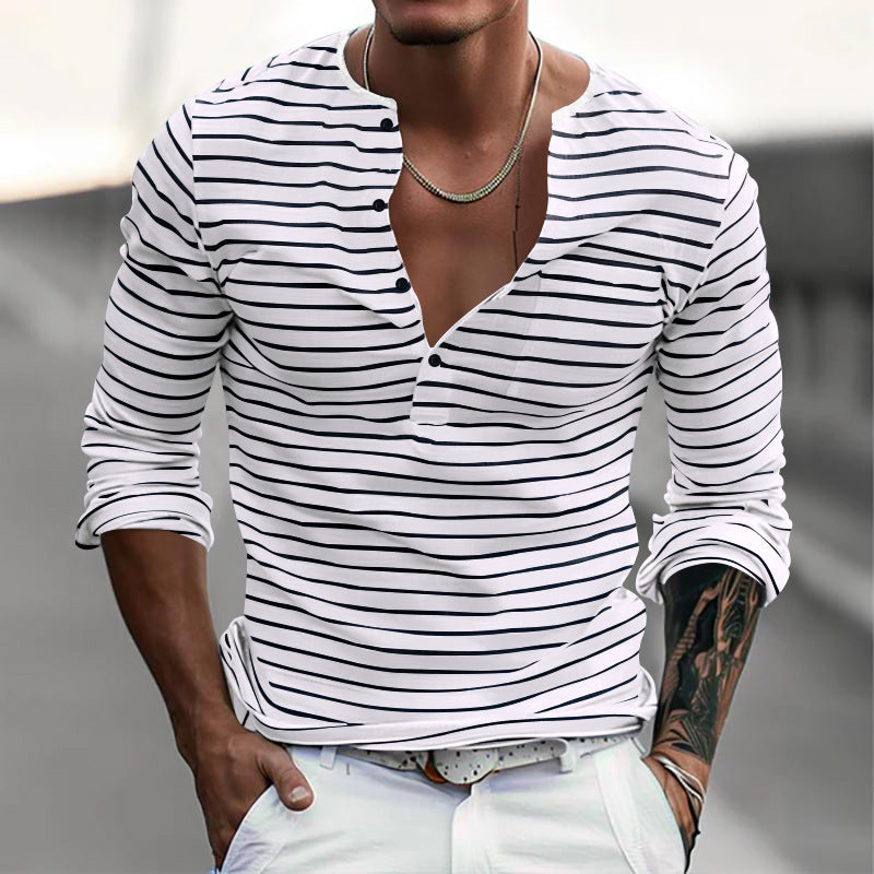 Men's striped long-sleeve shirt with short button placket, round neckline, and subtle chest pocket StylebySassy