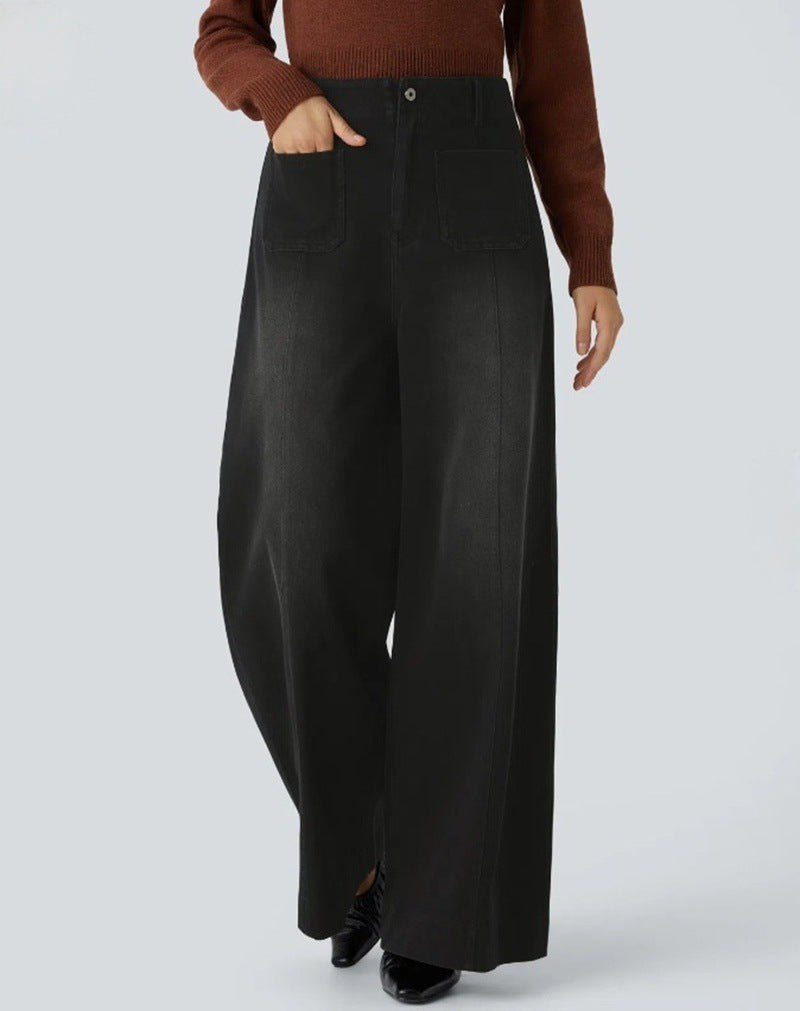 Ladies high-waisted jeans palazzo pants with wide legs and patch front pockets StylebySassy