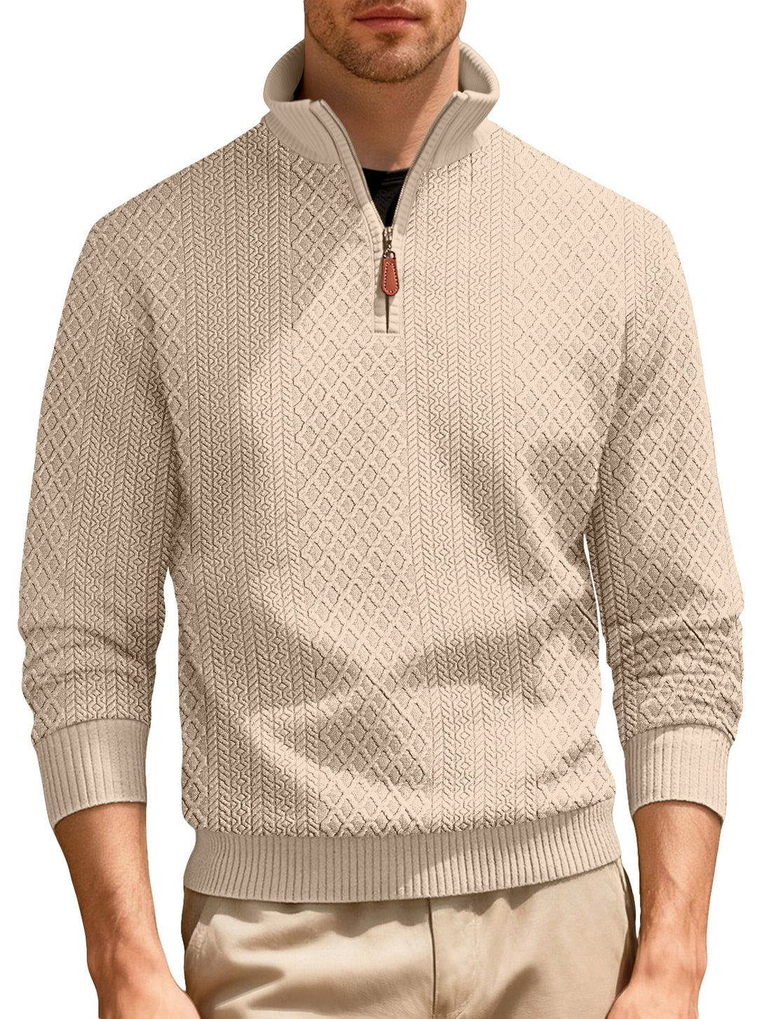 Men's half-zip pullover in fine-structured jacquard relief with high stand-up collar and leather zipper StylebySassy