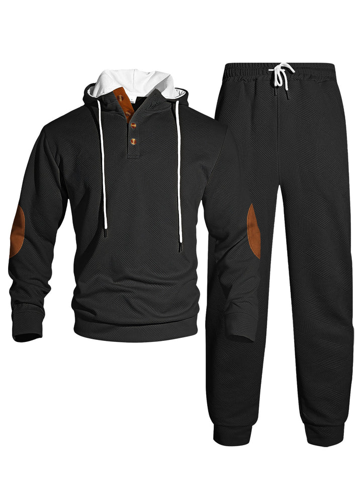 Men's waffle structure Henley hoodie set with wooden button placket elbow patches and tapered joggers StylebySassy