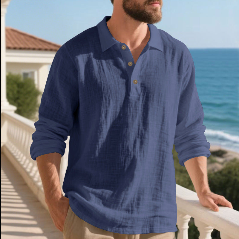 Men's casual linen henley shirt with polo collar and triple button placket StylebySassy