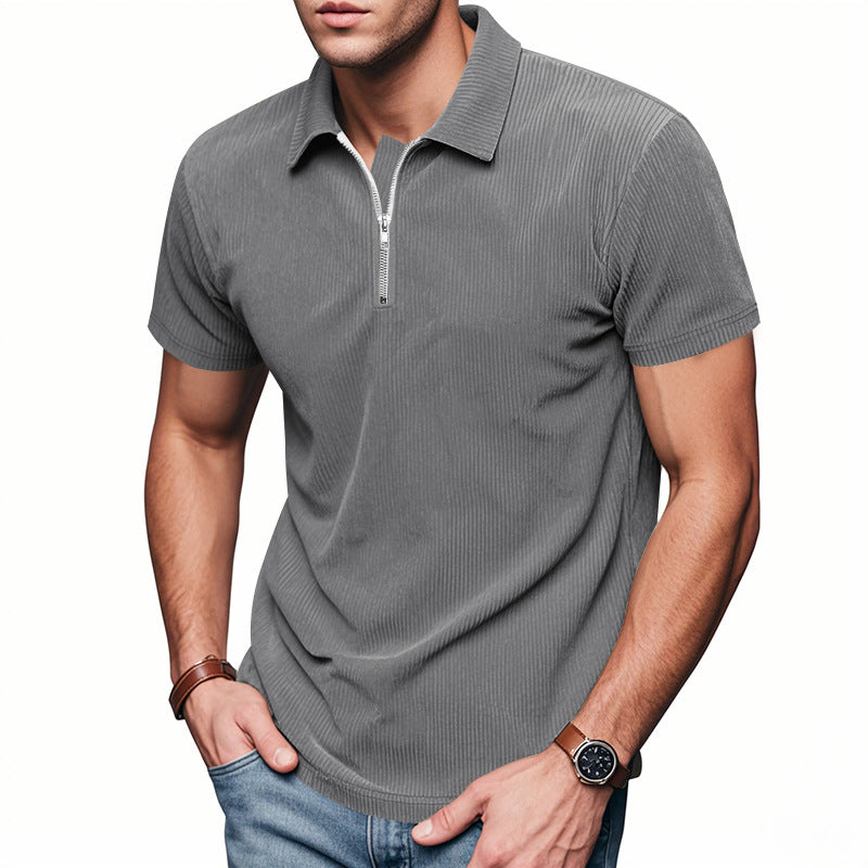 Men's short-sleeved polo with a short zipper at the collar and fine ribbed texture StylebySassy