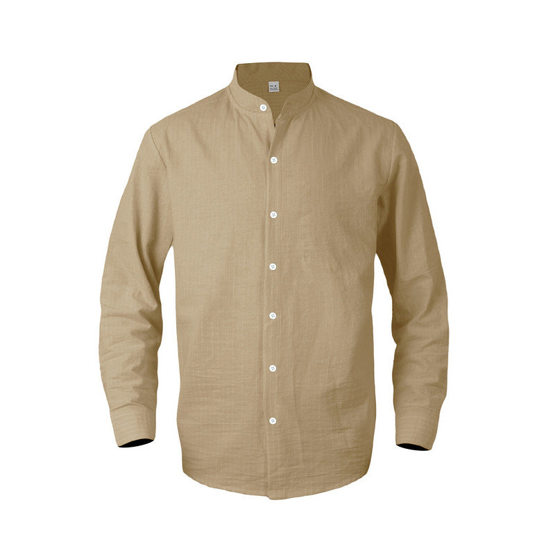 Men's striped stand-up collar shirt made of linen-cotton blend with button placket StylebySassy